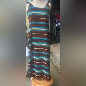 Vintage JONES NEW YORK BROWN BLUE GOLD STRIPS LINED DRESS SIZE 2P